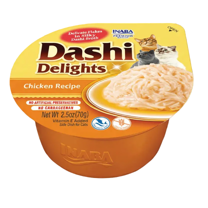 Inaba Dashi Delights Chicken Recipe cat food topper in a 70 g single-serve cup with shredded chicken in silky dashi broth.