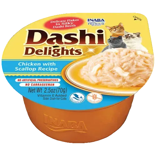 Inaba Dashi Delights Chicken with Scallop Recipe cat food topper in a 70 g single-serve cup with shredded chicken in silky dashi broth.