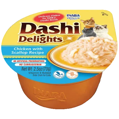 Inaba Dashi Delights Chicken with Scallop Recipe cat food topper in a 70 g single-serve cup with shredded chicken in silky dashi broth.
