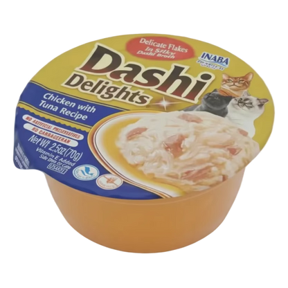 Inaba Dashi Delights Chicken with Tuna Recipe cat food topper in a 70 g single-serve cup with shredded chicken and tuna in dashi broth.