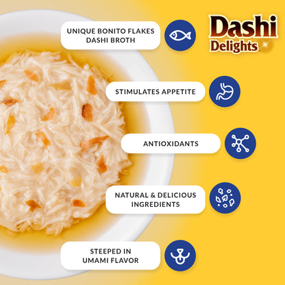 Dashi Delights infographic showing natural ingredients, antioxidants, appetite stimulation, and rich umami flavour.