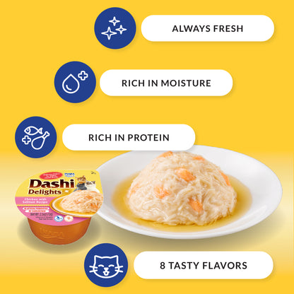 Dashi Delights cat food topper infographic highlighting bonito flakes, umami flavour, antioxidants, and natural ingredients.