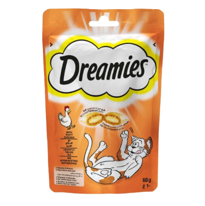Dreamies cat treat package with orange background and cat illustration