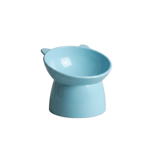 Light blue plastic elevated cat bowl with cat ears