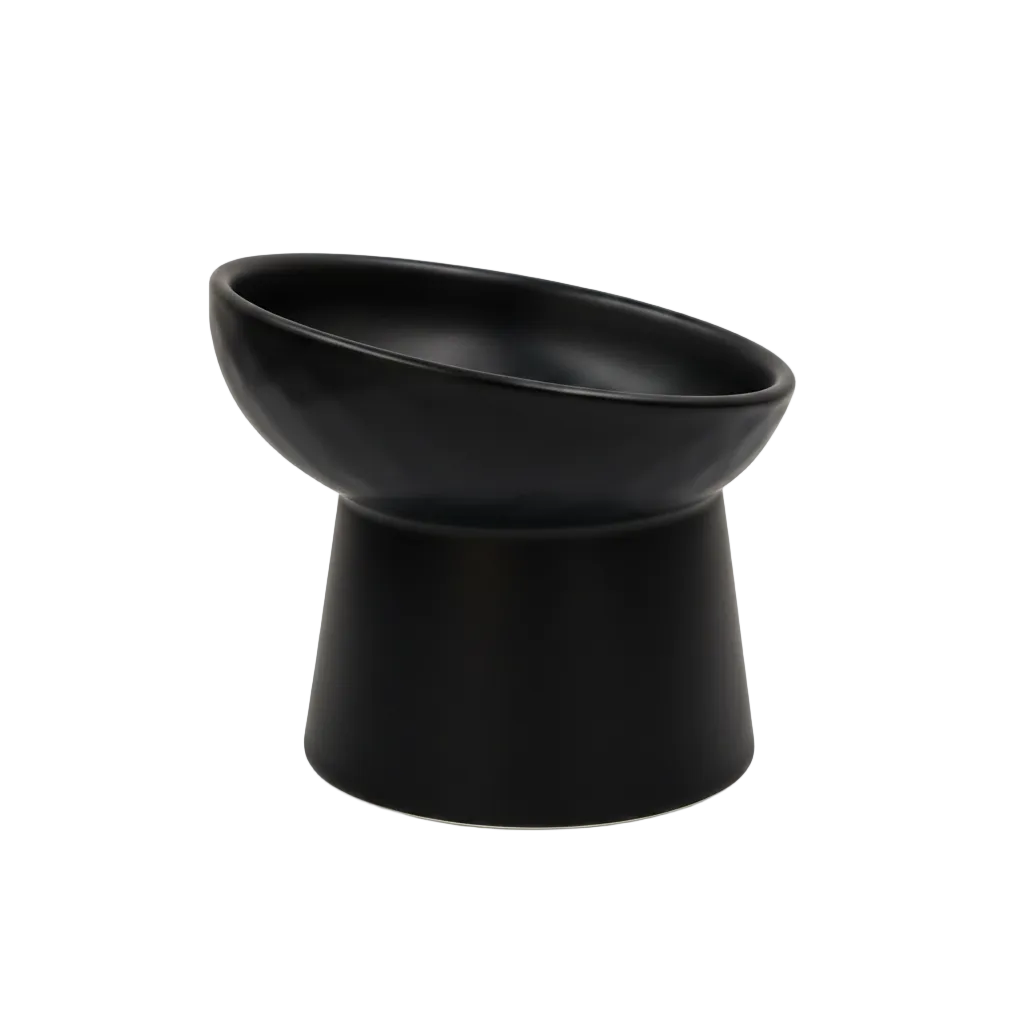 black tilted ceramic cat bowl with elevated base

elevated ceramic pet bowl with slanted design for cats

tilted raised ceramic cat food bowl with kibble

modern black ceramic cat water and food bowl