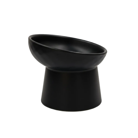 black tilted ceramic cat bowl with elevated base

elevated ceramic pet bowl with slanted design for cats

tilted raised ceramic cat food bowl with kibble

modern black ceramic cat water and food bowl