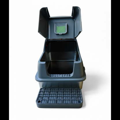 A stylish large enclosed satinless steel cat litter tray with a removable plastic enclosure. The litter box has a grey plastic scoop on the side and the cover is remocable. 