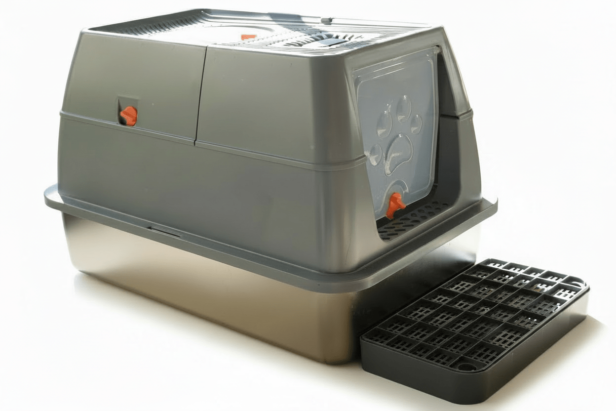 Enclosed cat litter box with flip-top lid, gray body and side entry window, open bottom tray