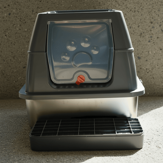 Enclosed cat litter box with flip-top lid, clear door panel and nose mark, gray base and grate