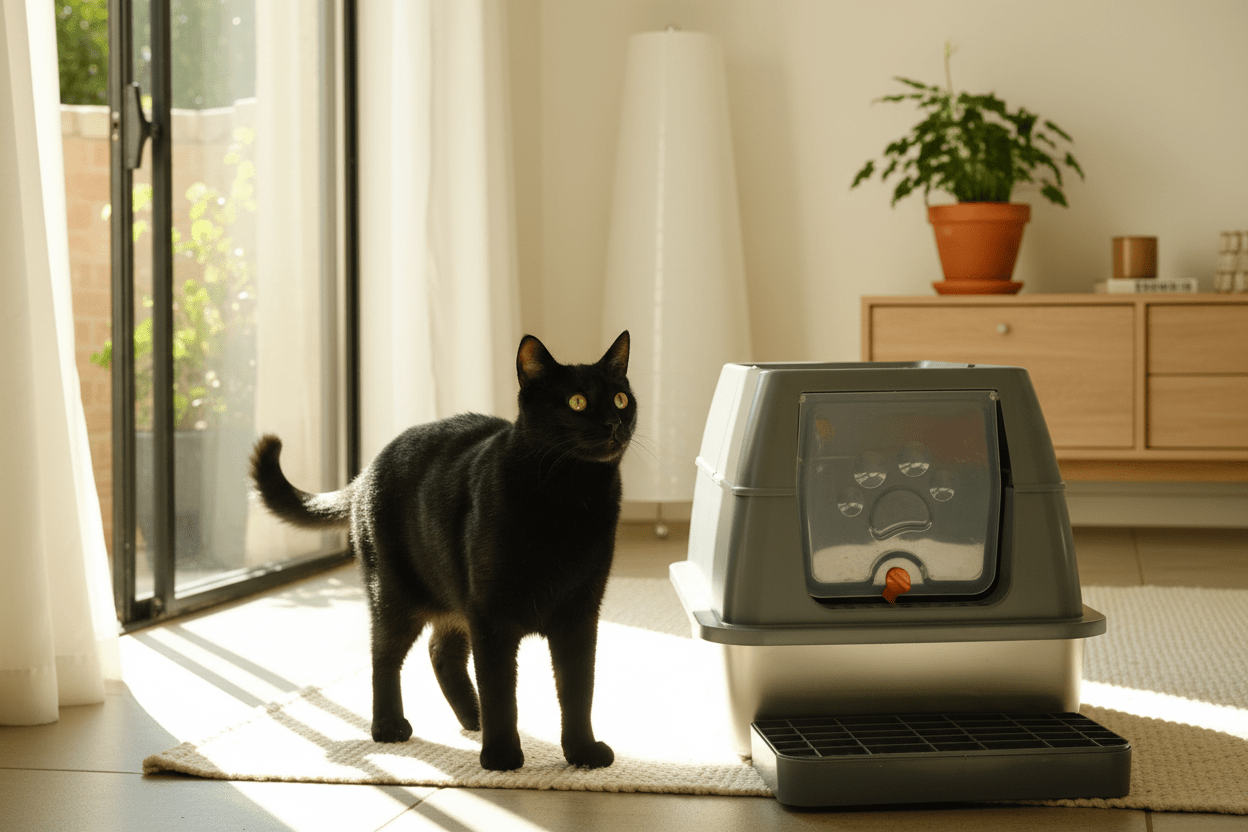 Enclosed cat litter box with flip-top lid and front ramp, sitting on the floor