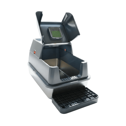Enclosed cat litter box with flip-top lid, gray base and hinged cover, open front access