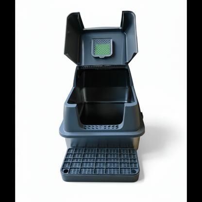 Enclosed cat litter box with flip-top lid, gray base, open storage tray and litter grate