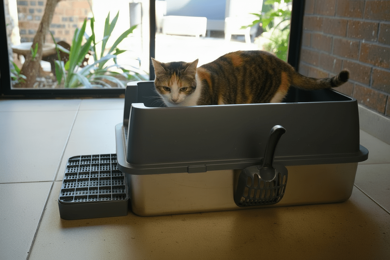 Enclosed cat litter box with side entry, gray and beige design, flip-top lid open