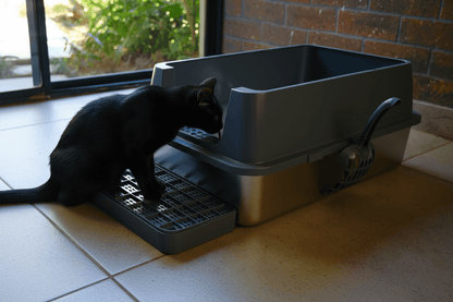 Enclosed cat litter box with flip-top lid, black cat beside front opening, gray and beige design