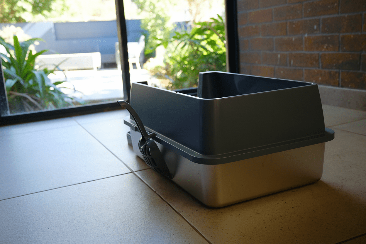 Enclosed cat litter box with flip-top lid, gray and beige body, closed front