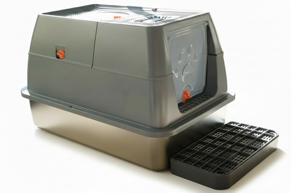 A stylish large enclosed stainless steel cat litter tray with a removable plastic enclosure. The enclosure as a front and roof door. The top of the enclosure can be removed to form an open litter tray with a rim to avoid spills. A stylish step is placed in front of the tray to capture spills. 