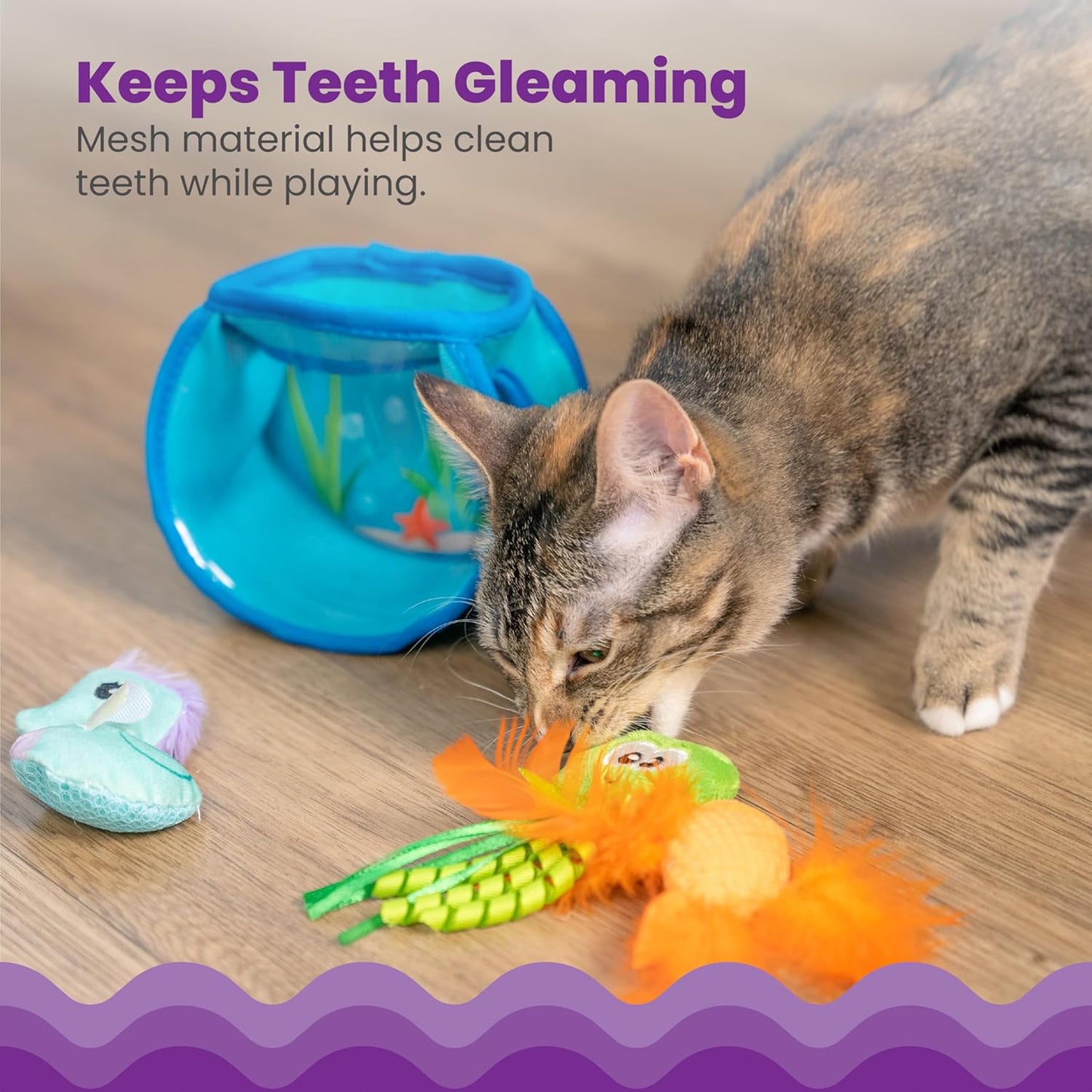cat playing with a Plush prey toys inside fish bowl cat toy