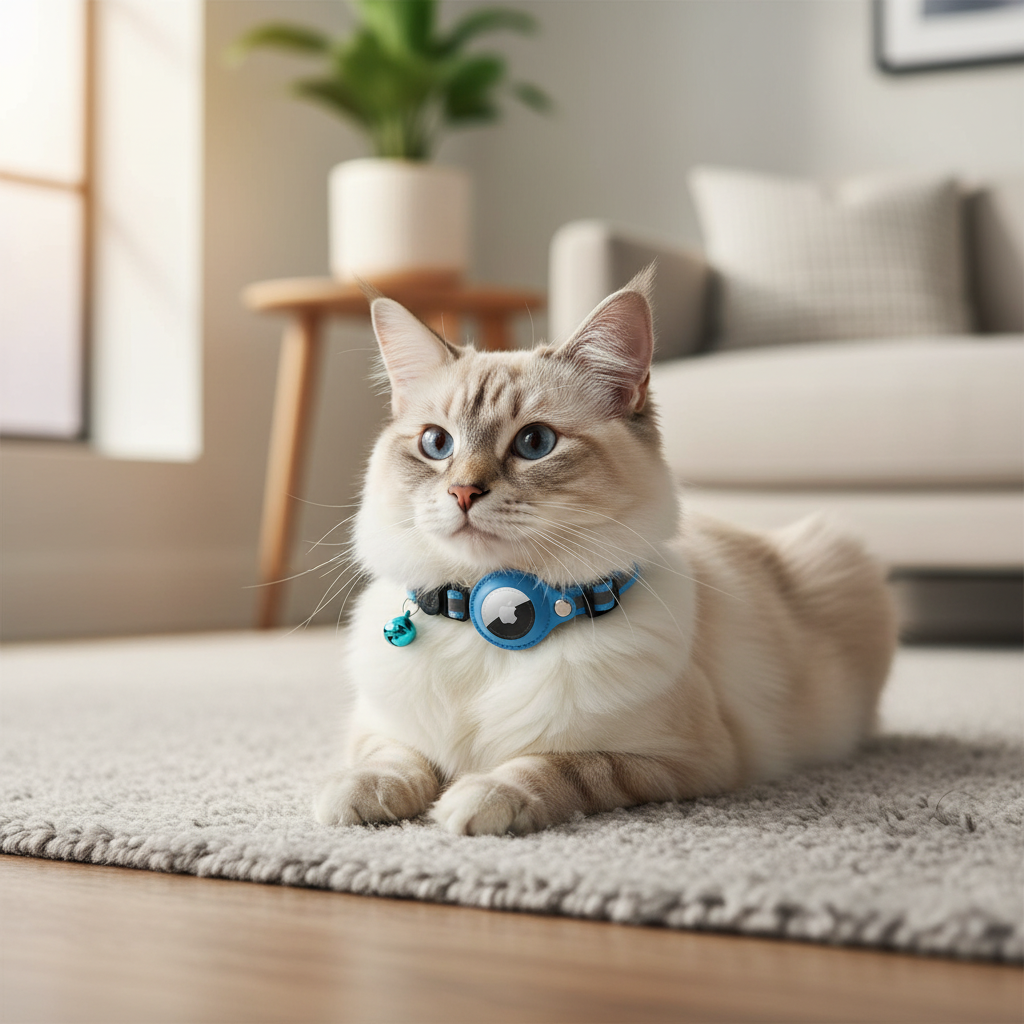 Fluffy cat lying indoors wearing a blue AirTag-compatible collar with tracker holder.
