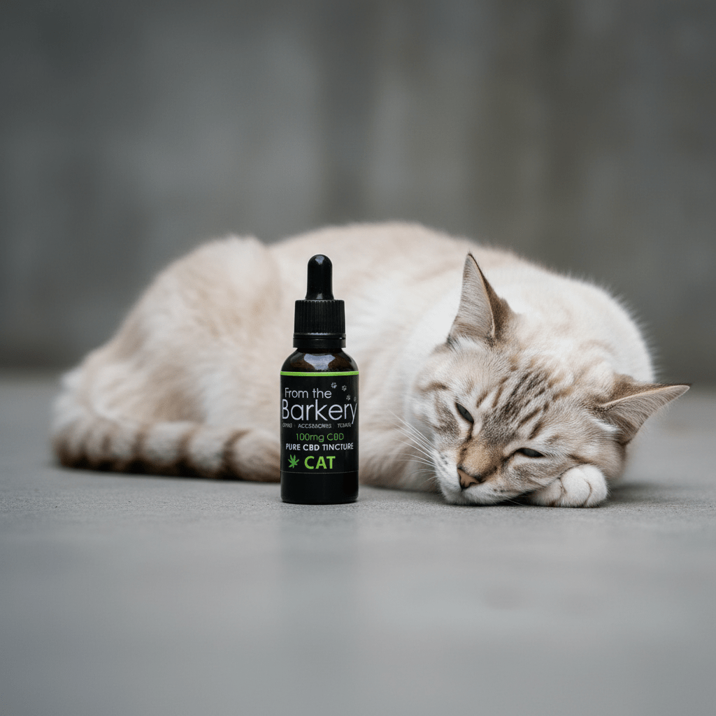 CBD tincture bottle for cats with black dropper beside a sleeping white cat