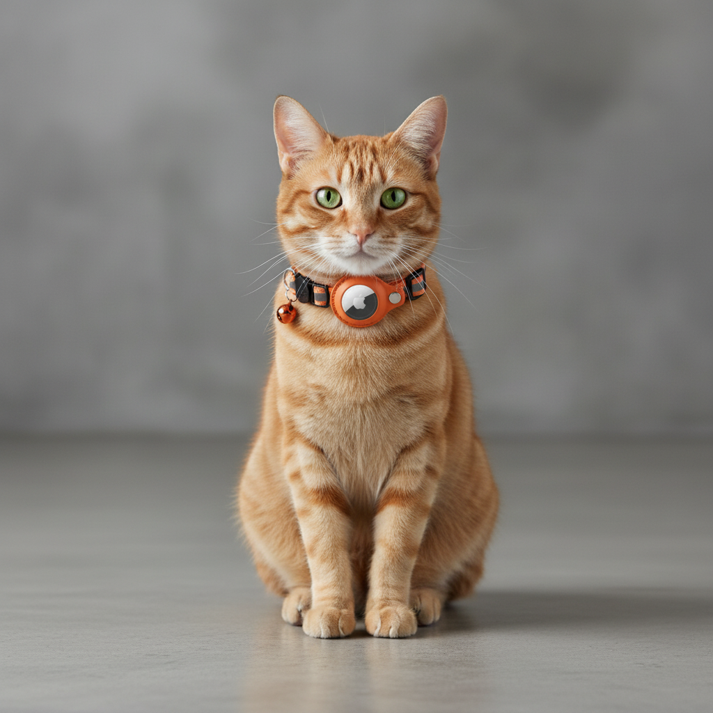 Ginger cat sitting with an orange AirTag-compatible collar, bell and tracker holder.