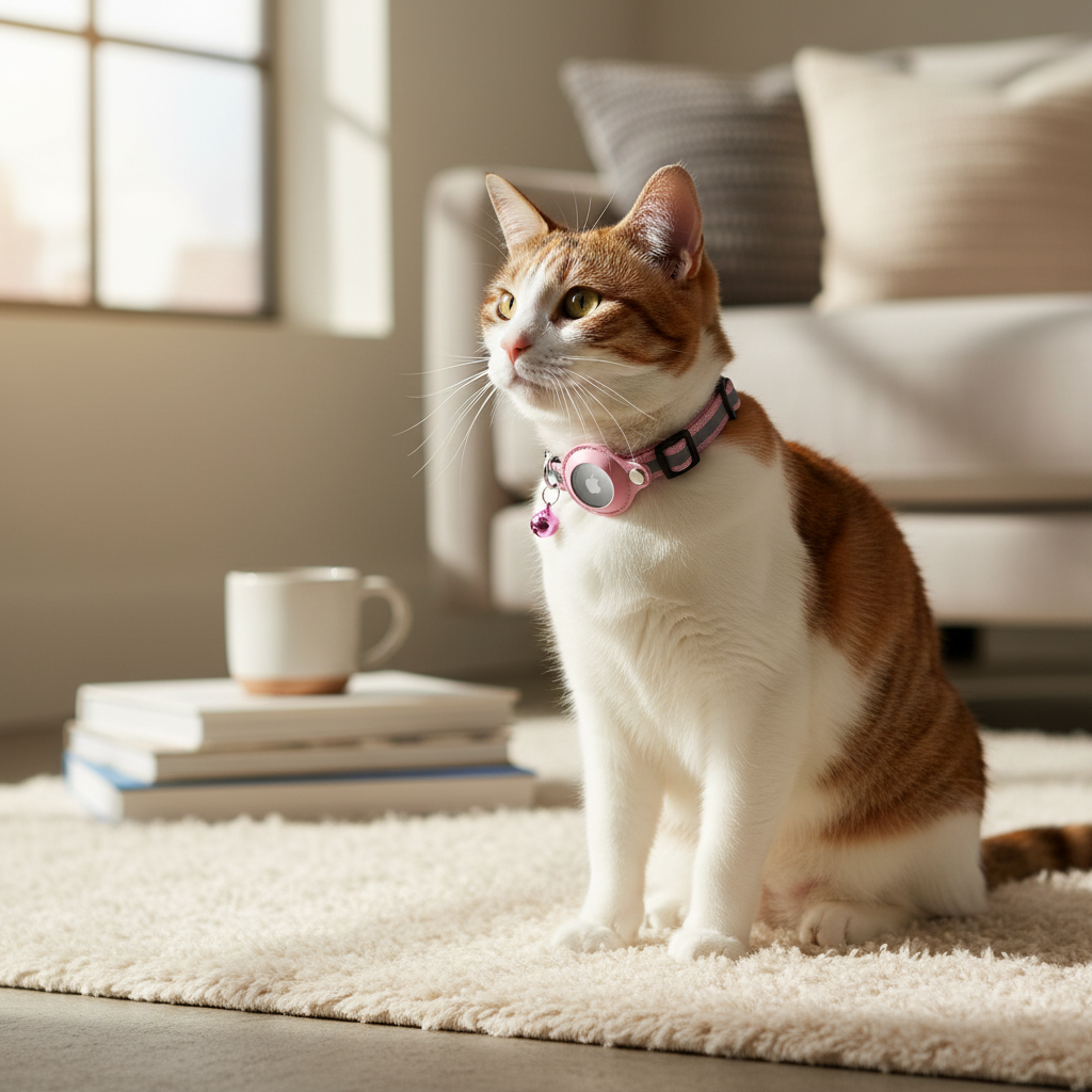 Ginger and white cat sitting indoors wearing a pink AirTag-compatible collar with bell and tracker holder.