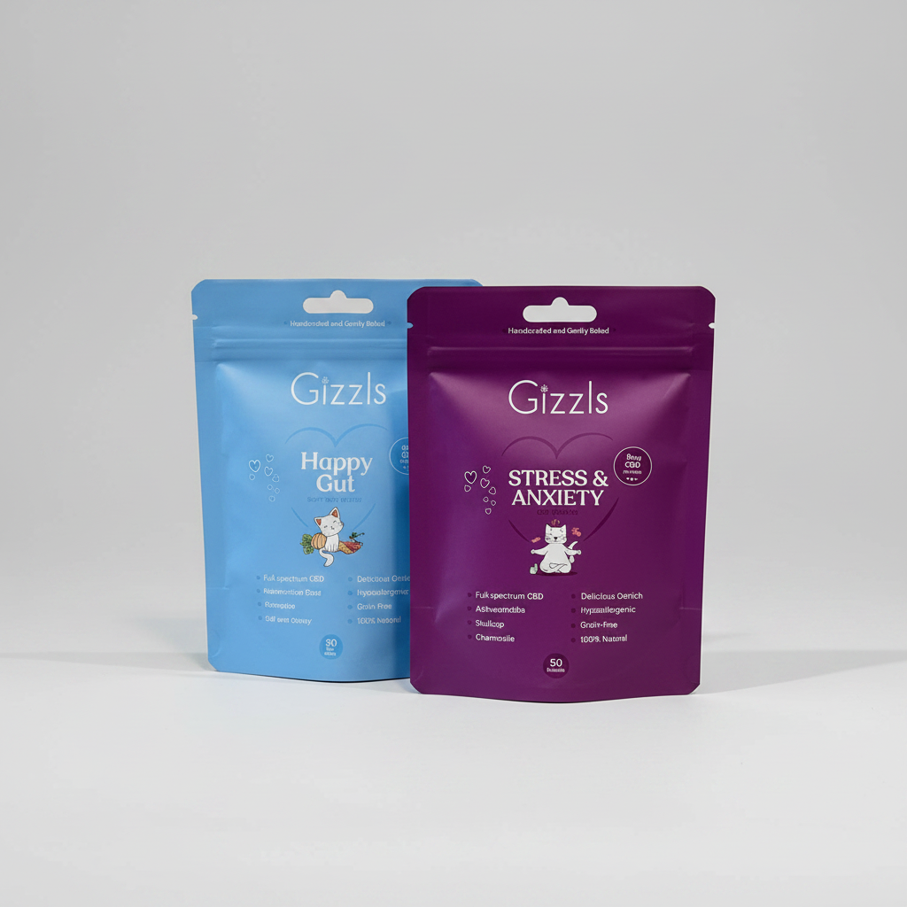 Two stand-up pouches of Gizzls pet supplements on a light gray background: a blue Happy Gut pouch on the left and a purple Stress & Anxiety pouch on the right.