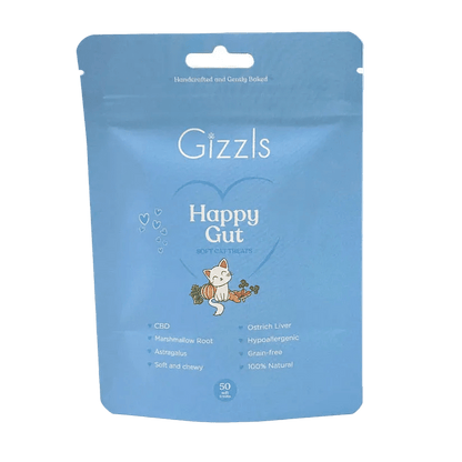 Gizzls Happy Gut soft cat treats pouch, blue resealable pack