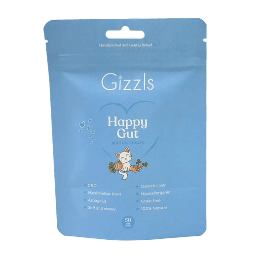 Gizzls Happy Gut soft cat treats pouch, blue resealable pack