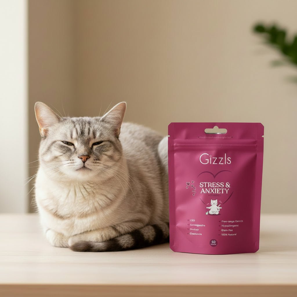 Gizzls cat treat pouch for Stress & Anxiety, magenta resealable stand-up bag