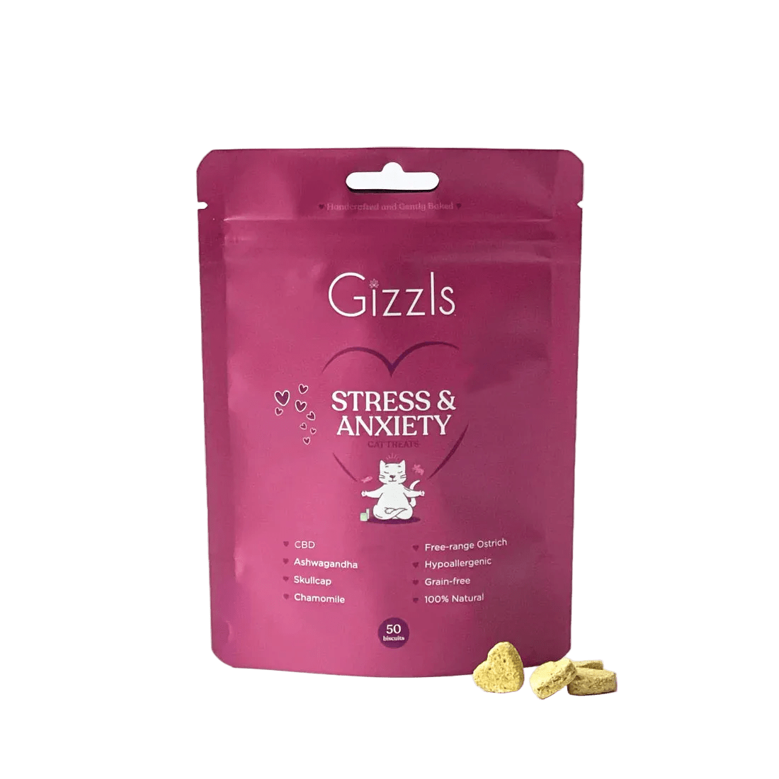 Gizzls Stress & Anxiety cat treat pouch, magenta back panel with ingredient icons