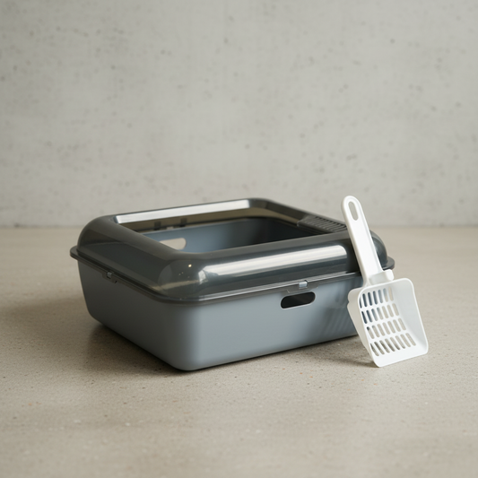Gray cat litter box with a white scoop on a neutral background