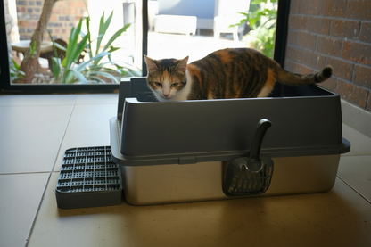 stainless steel enclosed cat litter box with a cat