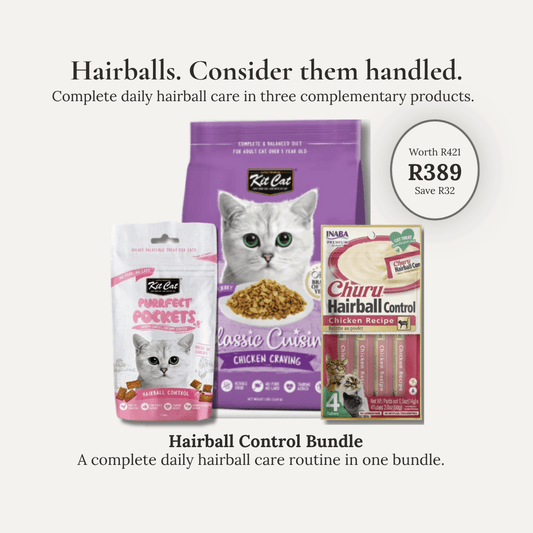 Cat hairball control bundle with three pet food packages