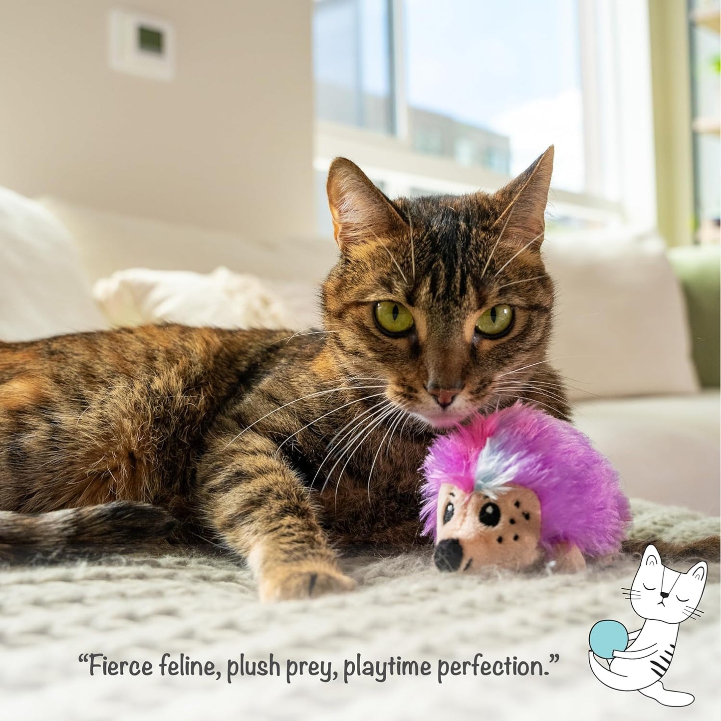 Cat playing with a plush toy on a couch