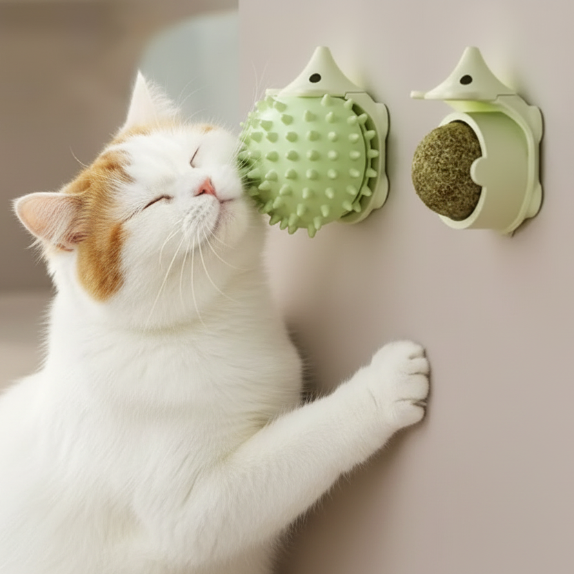 Cat licking wall-mounted hedgehog catnip ball toy
