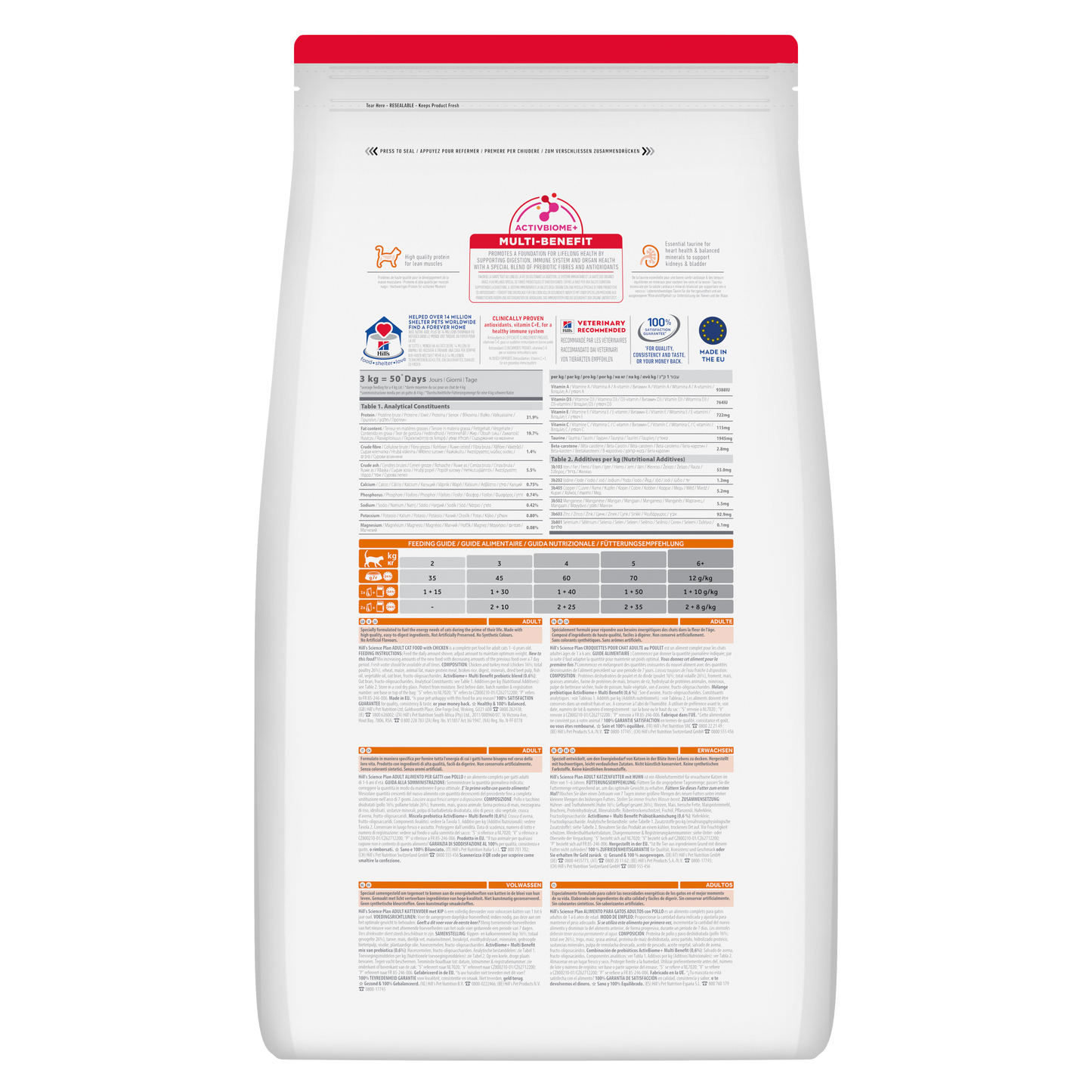 Back of Hill’s Science Plan Adult Dry Cat Food Chicken showing ingredients, analysis and feeding guide