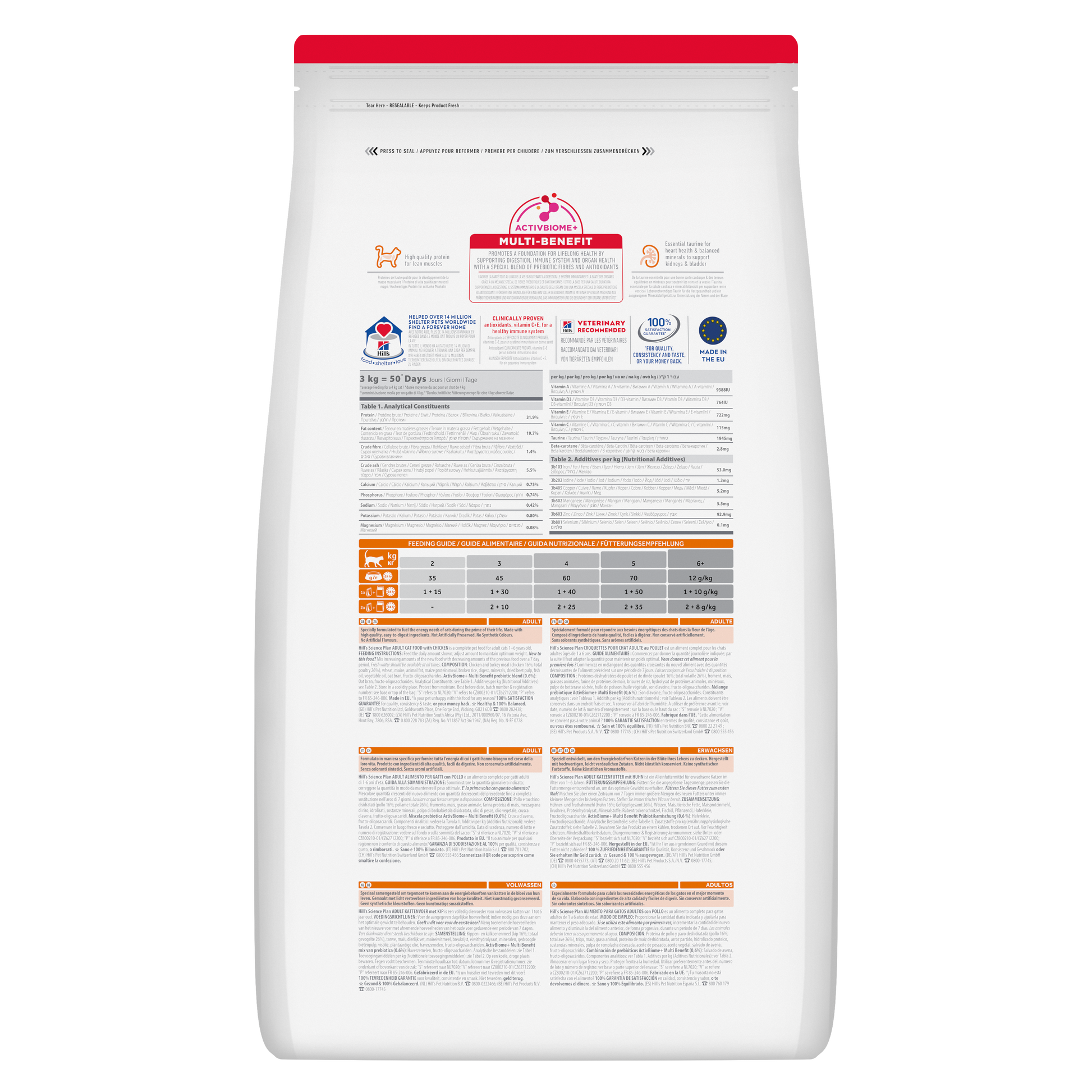 Back of Hill’s Science Plan Adult Dry Cat Food Chicken showing ingredients, analysis and feeding guide