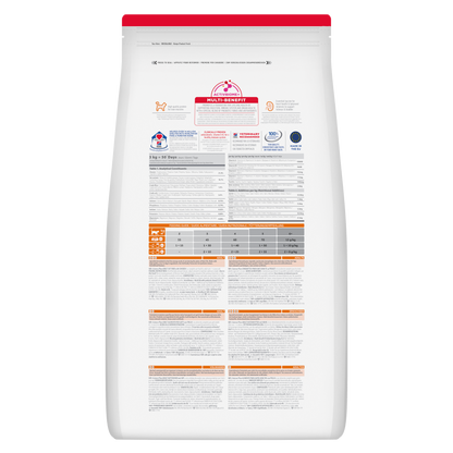 Back of Hill’s Science Plan Adult Dry Cat Food Chicken showing ingredients, analysis and feeding guide