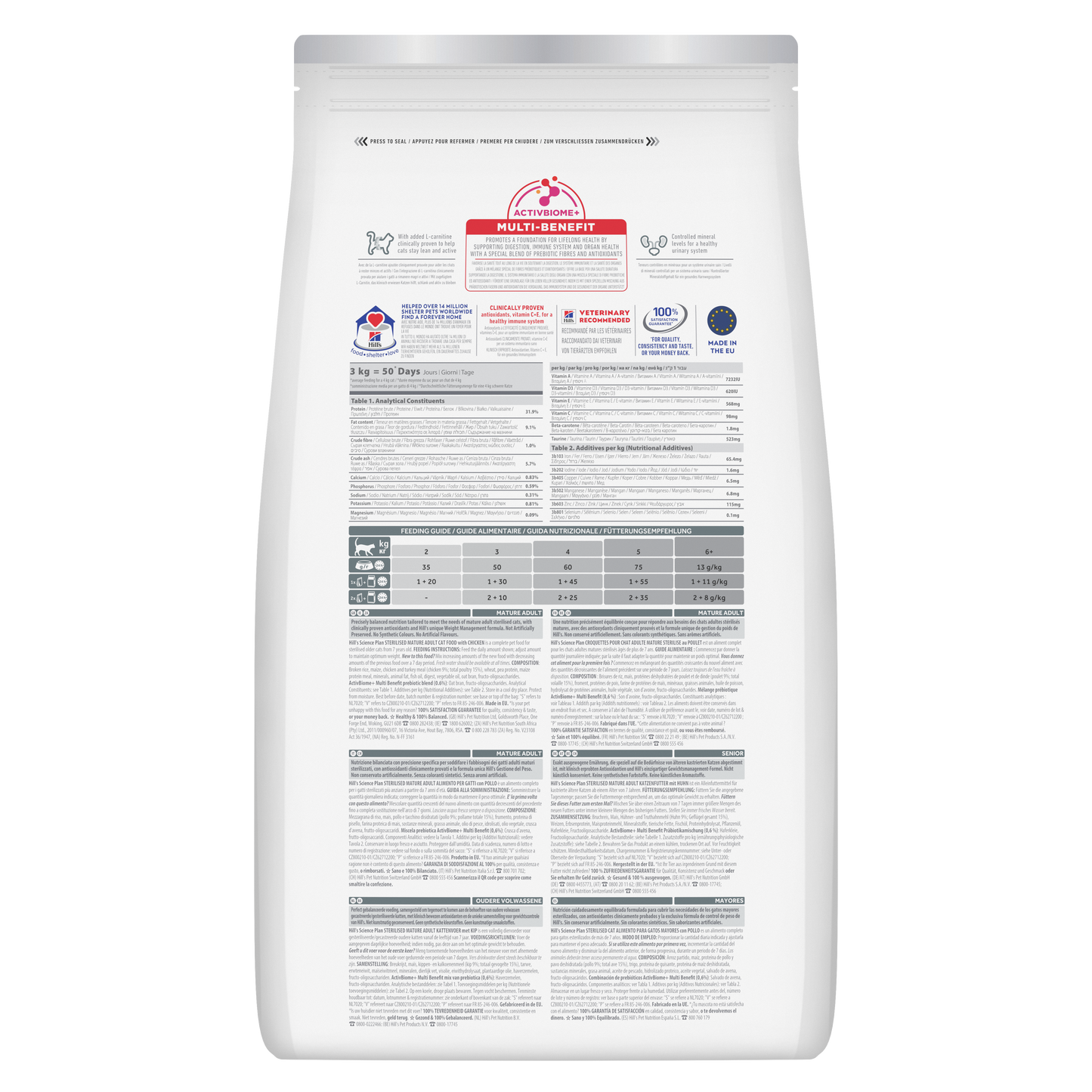 Back of Hill’s Science Plan Adult Sterilised Dry Cat Food Chicken showing ingredients, analysis and feeding guide