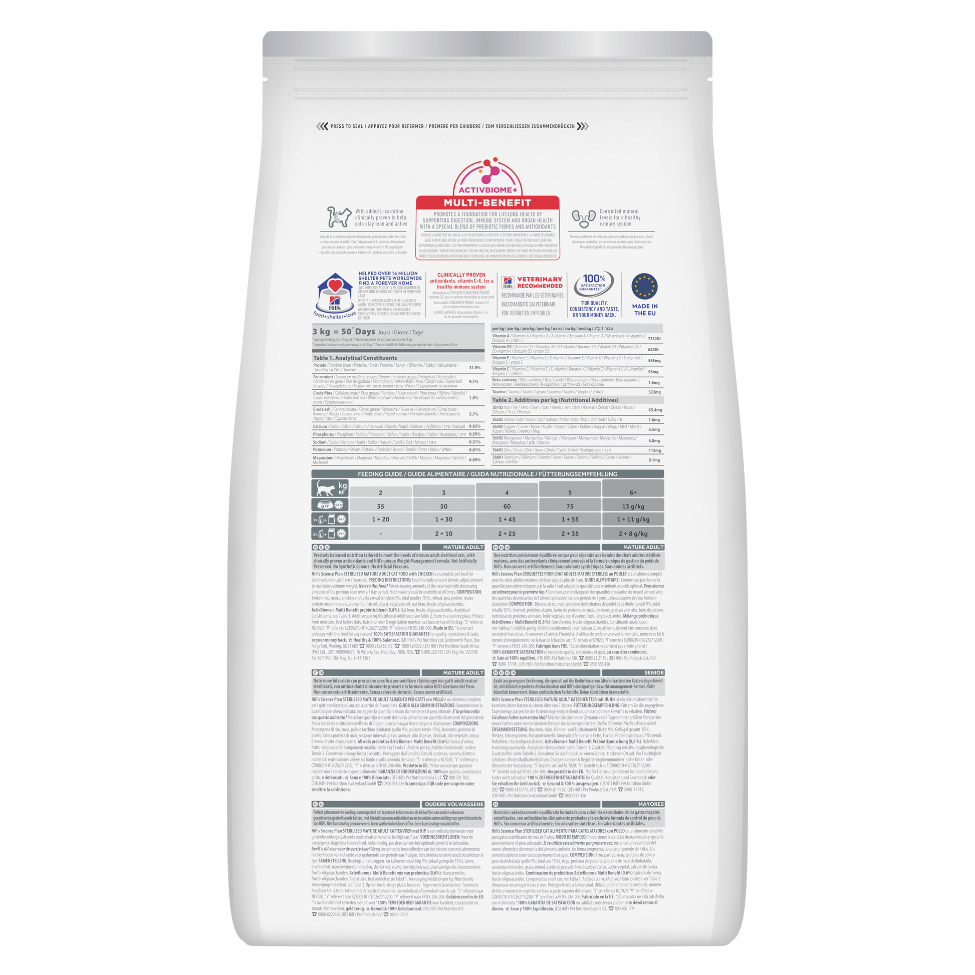 Back of Hill’s Science Plan Adult Sterilised Dry Cat Food Chicken showing ingredients, analysis and feeding guide