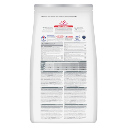 Back of Hill’s Science Plan Adult Sterilised Dry Cat Food Chicken showing ingredients, analysis and feeding guide