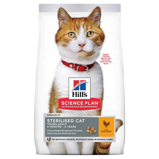 Hill’s Science Plan Adult Sterilised Dry Cat Food Chicken front pack for sterilised cats aged 1–6