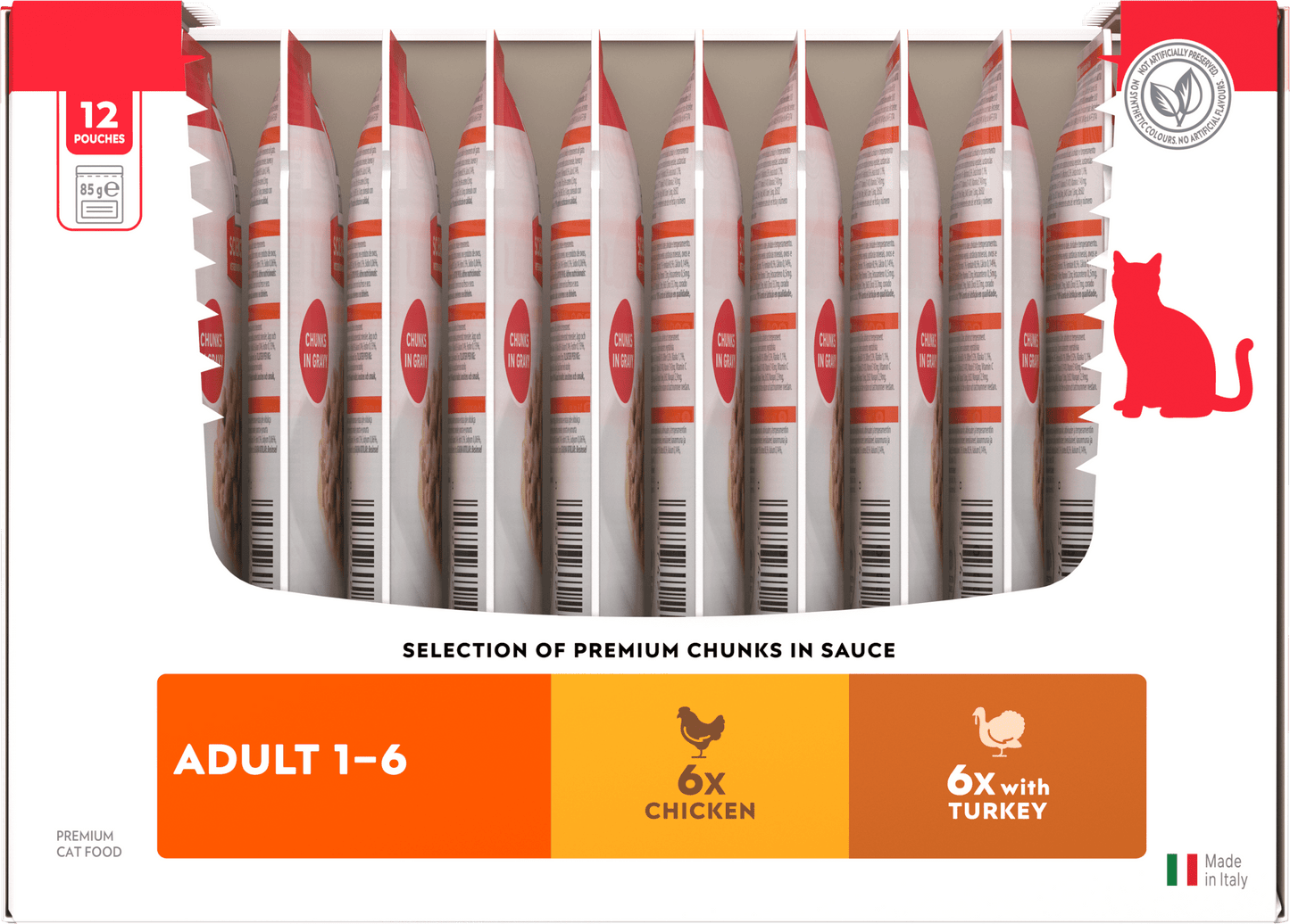 Side of Hill’s Science Plan Adult Wet Cat Food Chicken & Turkey Multipack 12 × 85g box showing 6 Chicken and 6 Turkey pouches