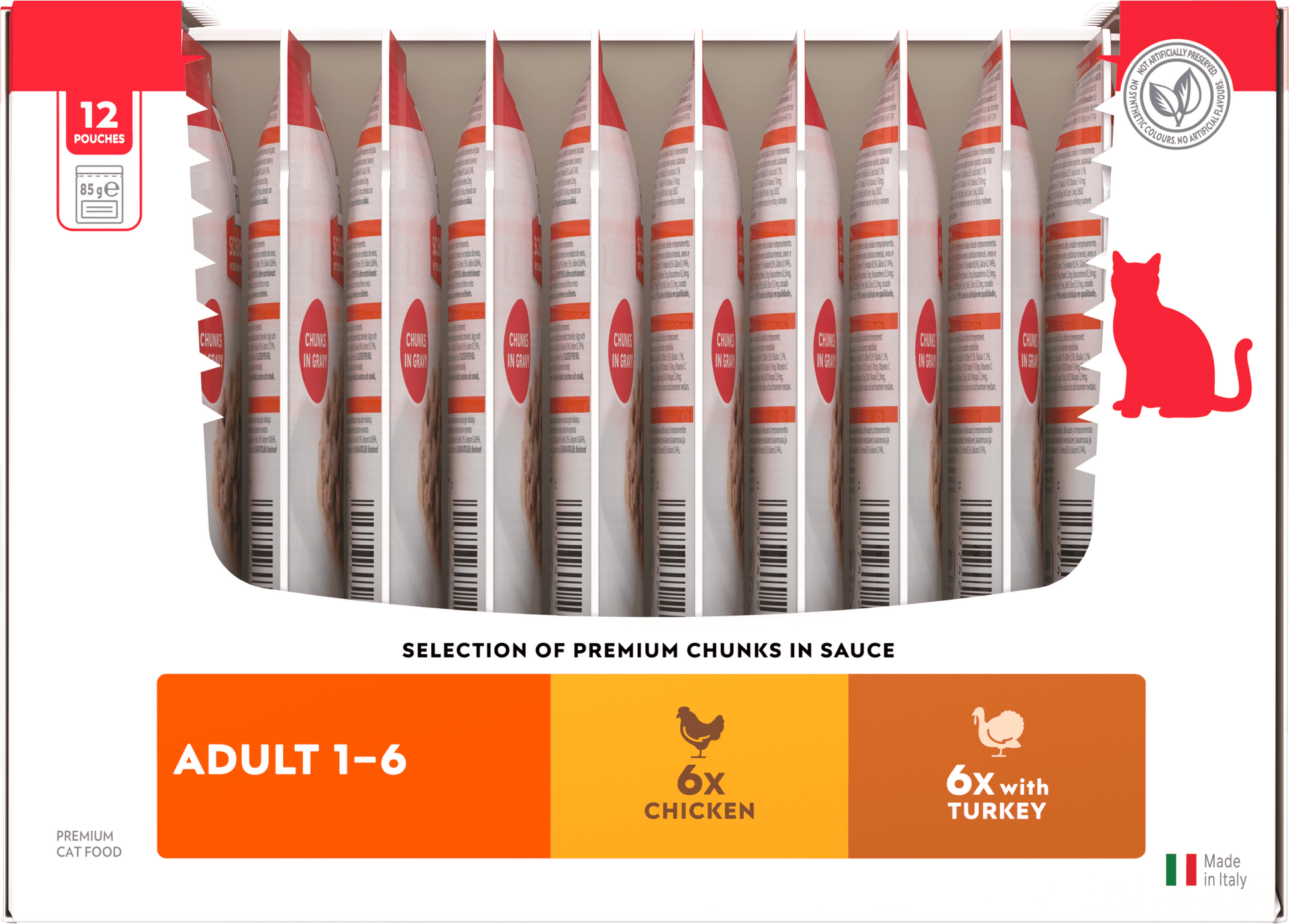 Side of Hill’s Science Plan Adult Wet Cat Food Chicken & Turkey Multipack 12 × 85g box showing 6 Chicken and 6 Turkey pouches