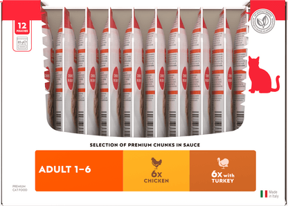 Side of Hill’s Science Plan Adult Wet Cat Food Chicken & Turkey Multipack 12 × 85g box showing 6 Chicken and 6 Turkey pouches