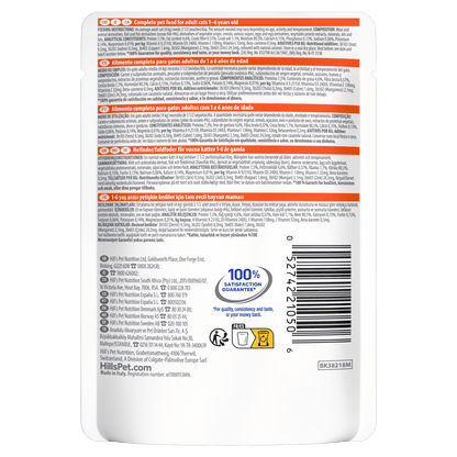 Back of Hill’s Science Plan Adult Wet Cat Food Ocean Fish 85g pouch showing ingredients, analysis and feeding guide