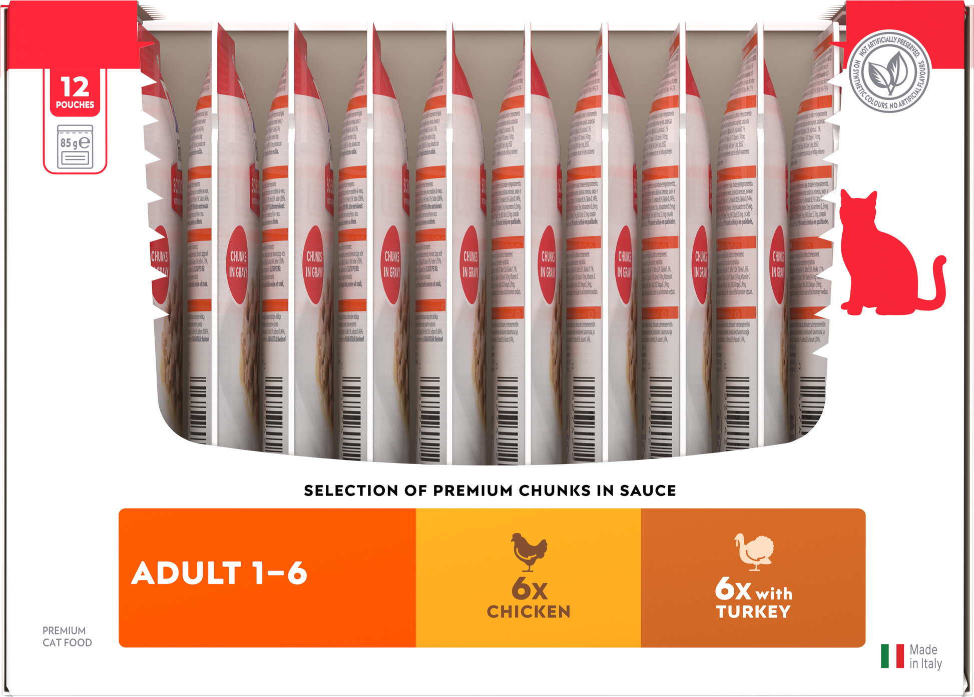 Side of Hill’s Science Plan Adult Wet Cat Food Chicken & Turkey Multipack 12 × 85g box showing 6 Chicken and 6 Turkey pouches