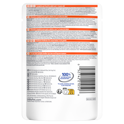 Back of Hill’s Science Plan Adult Wet Cat Food Ocean Fish 85g pouch showing ingredients, analysis and feeding guide