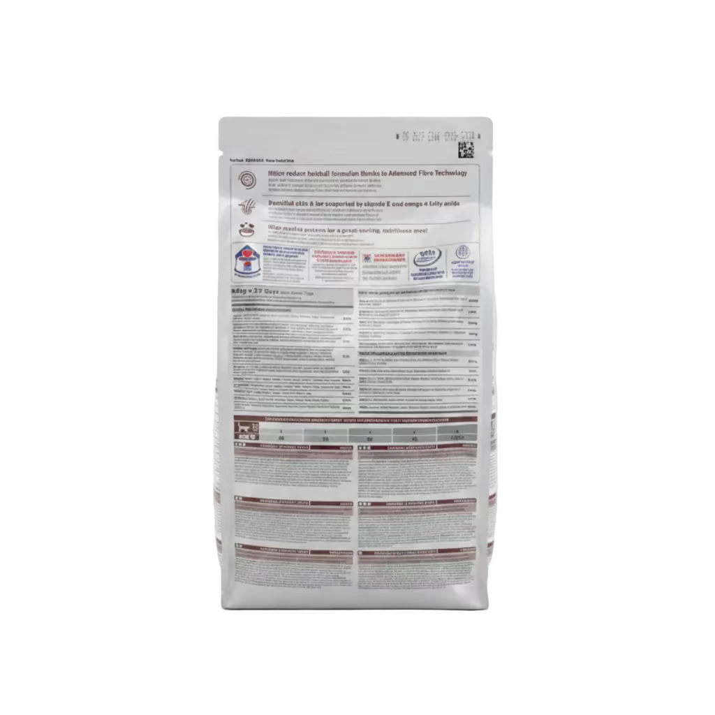 Back of Hill’s Science Plan Hairball & Perfect Coat Adult Dry Cat Food with Chicken showing ingredients, analysis and feeding guide
