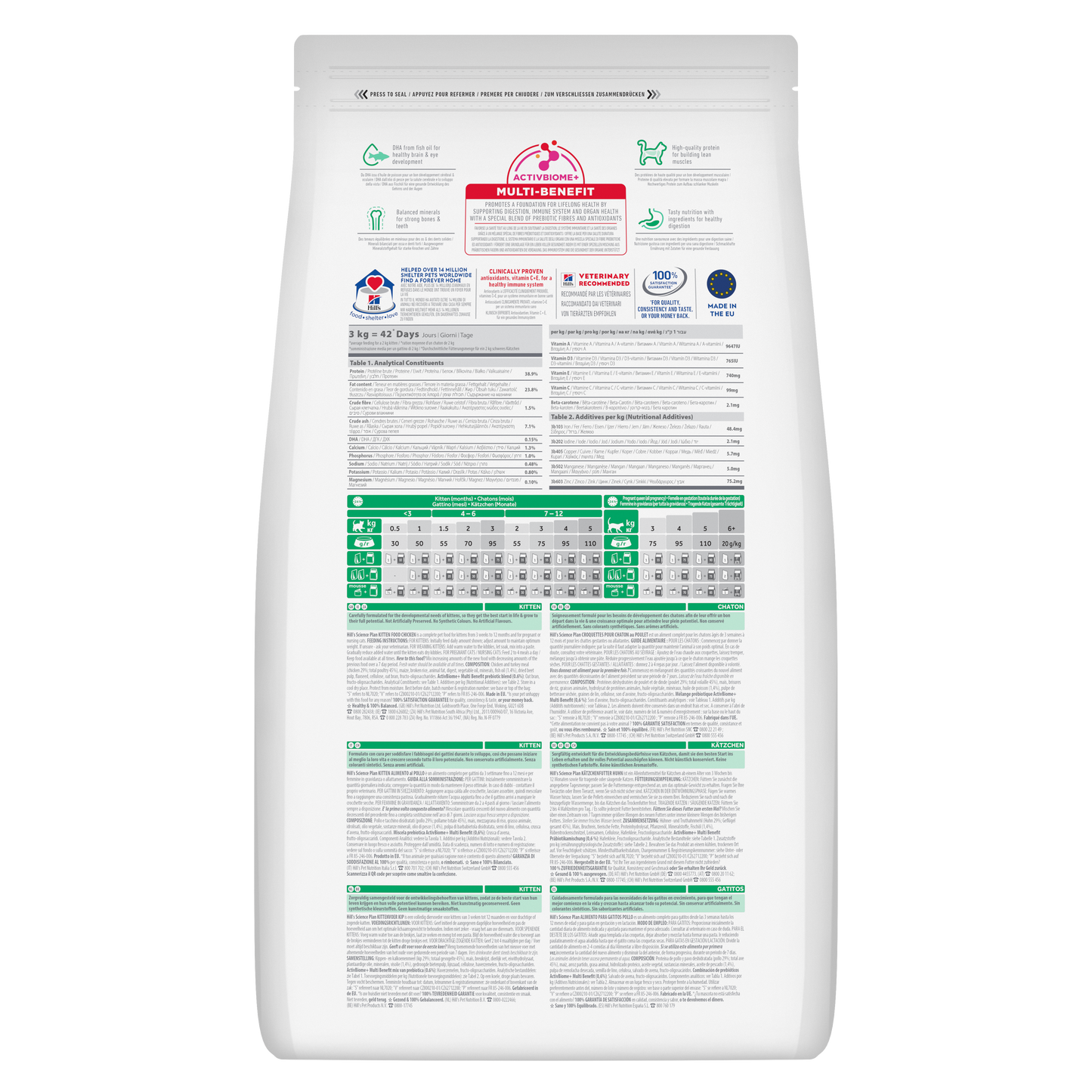 Back of Hill’s Science Plan Kitten Dry Cat Food Chicken showing ingredients, analysis and feeding guide